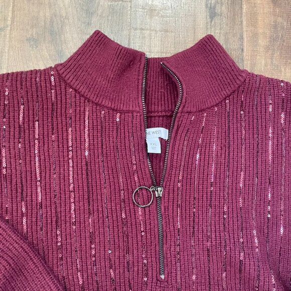 Nine West XXL Maroon Sequin Half Zip Sweater Ribbed Knit Zip Front Sparkle - Picture 2 of 8